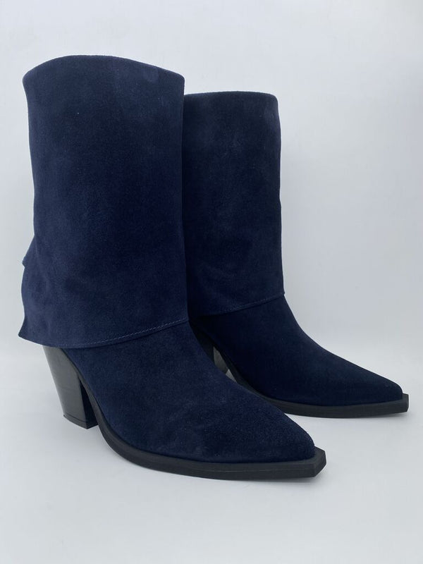 Navy Suede Mid-Calf Boots with Block Heel