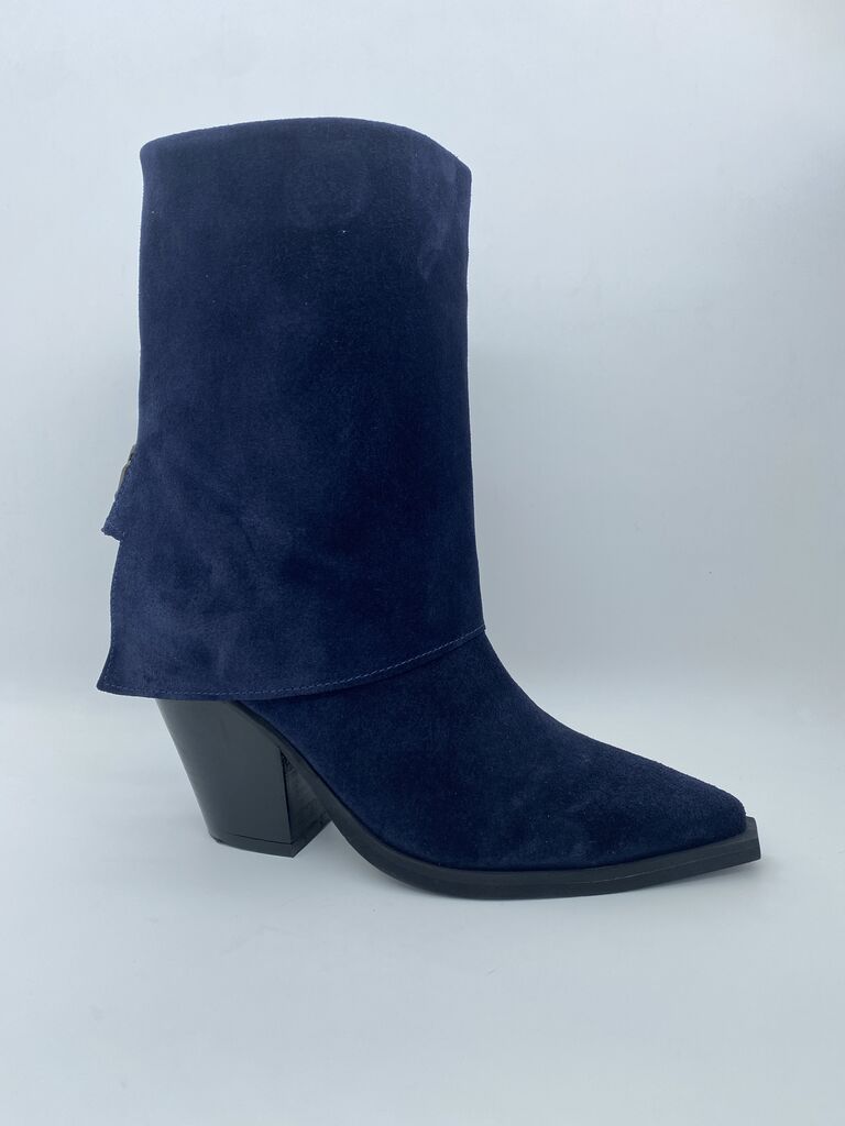 Navy Suede Mid-Calf Boots with Block Heel