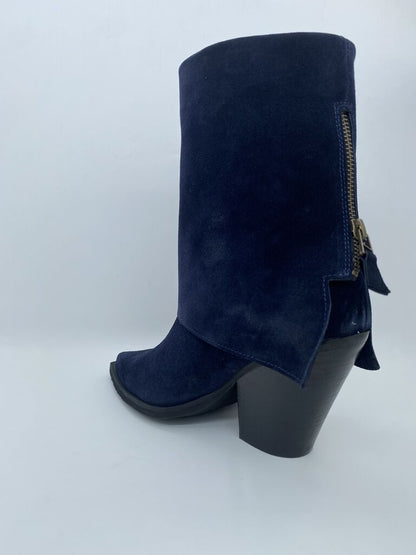 Navy Suede Mid-Calf Boots with Block Heel