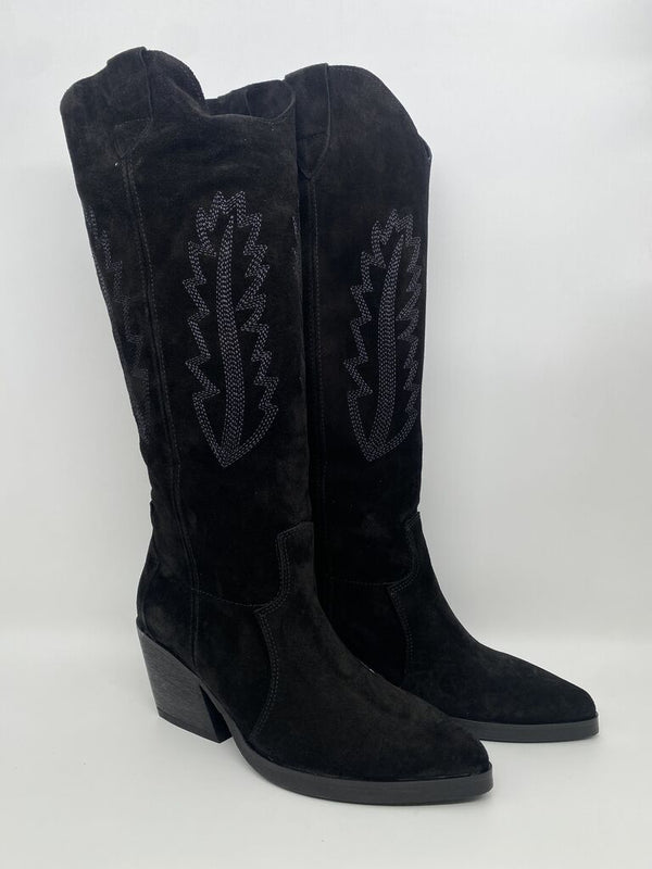 Black Suede Western Boots with Embroidered Detail