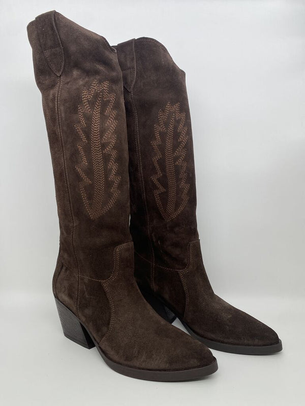Brown Suede Tall Boots with Embroidered Accents