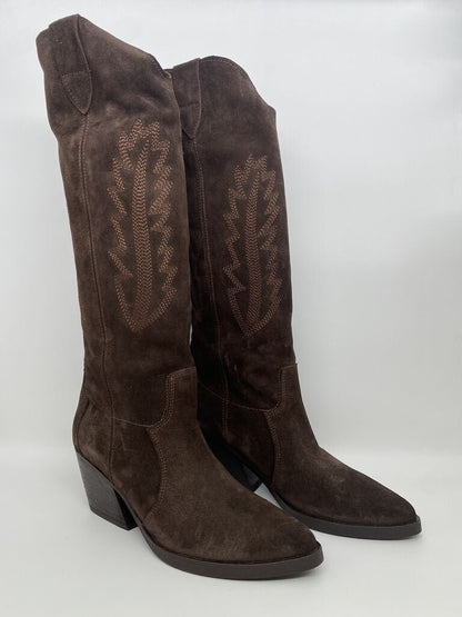 Brown Suede Tall Boots with Embroidered Accents