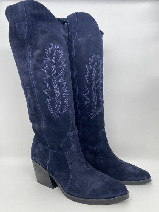 Navy Suede Western Boots with Embroidered Detail
