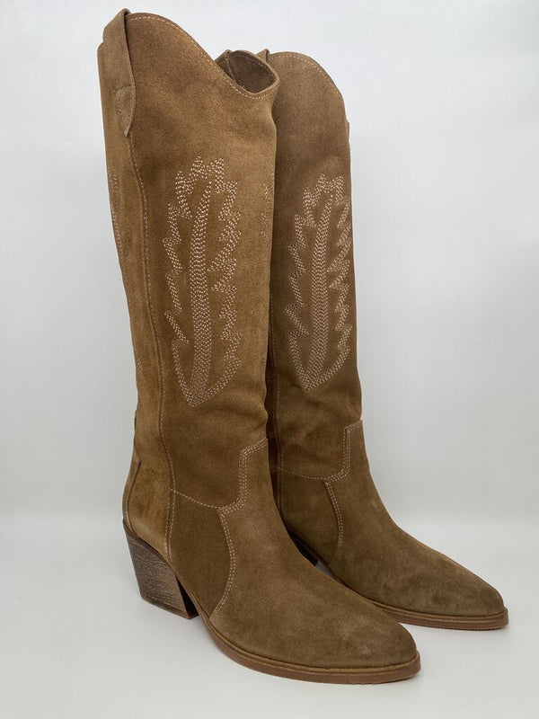 Tan Suede Cowboy Boots with Embroidered Detail
