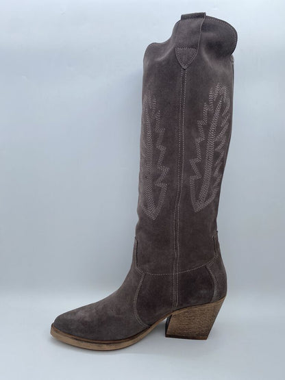 Taupe Suede Western Boots with Embroidered Detail
