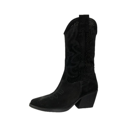 Black Suede Western Boots with Embroidery Detail