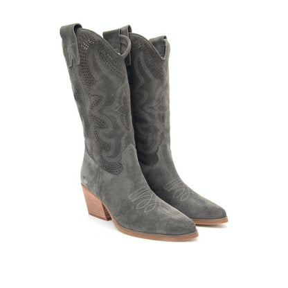 Gray Suede Western Boots with Perforated Design
