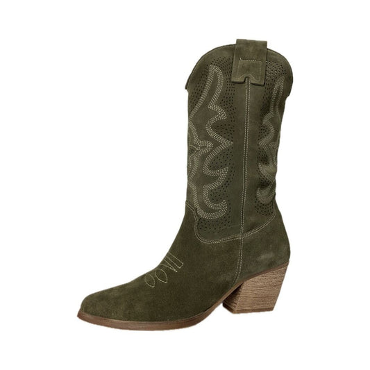 Olive Suede Western Boots with Embroidered Detail