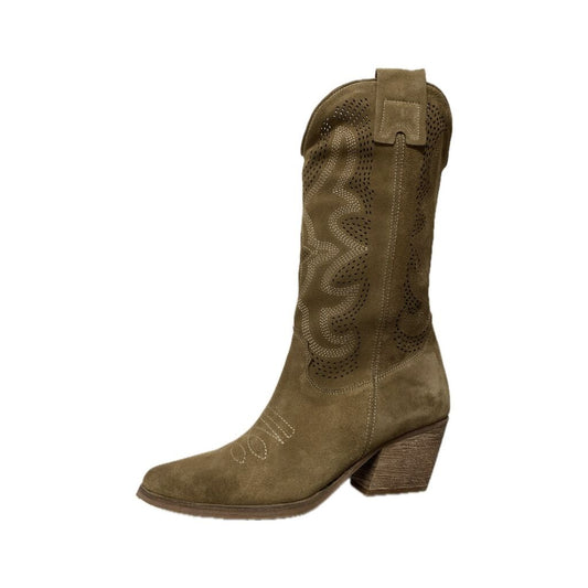 Olive Suede Western Boots with Mid Heel