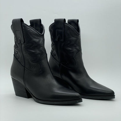Black Leather Western Ankle Boots with Heel