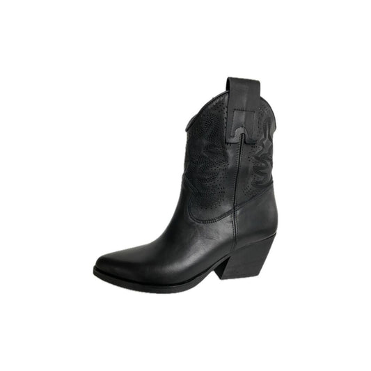 Black Leather Western Ankle Boots with Heel