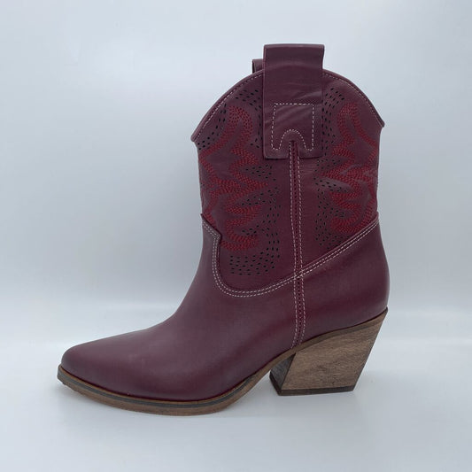 Burgundy Cowboy Ankle Boot with Western Detailing