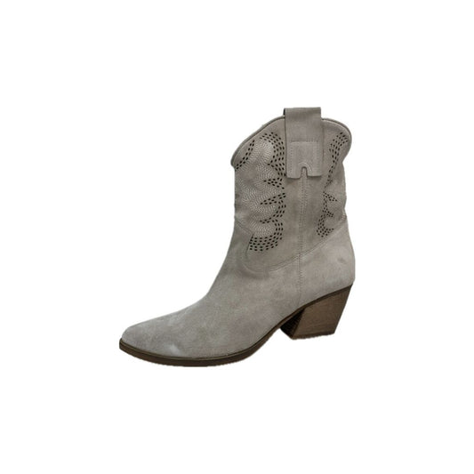 Gray Suede Western Ankle Boot with Perforated Detail