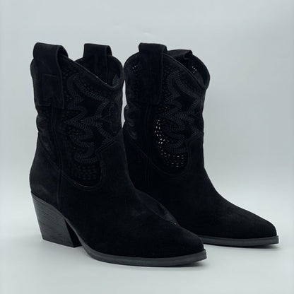 Black Suede Western Ankle Boot with Block Heel