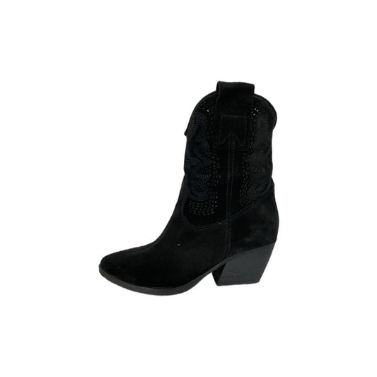 Black Suede Western Ankle Boot with Block Heel