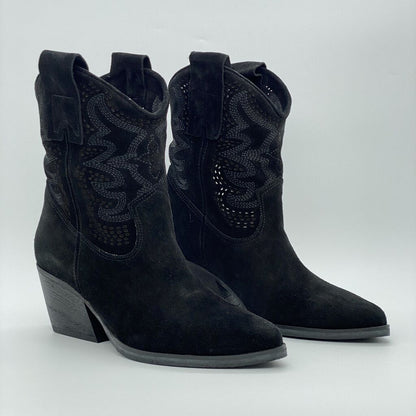 Black Suede Western Ankle Boot with Block Heel