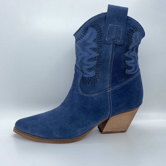 Blue Suede Western Ankle Boot with Perforated Design
