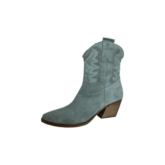 Blue Suede Western Ankle Boots with Cutout Design