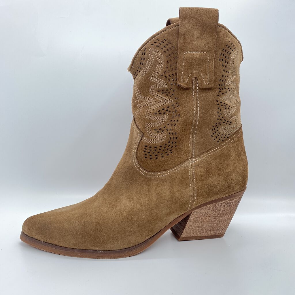 Olive Suede Western Ankle Boots with Perforated Detail