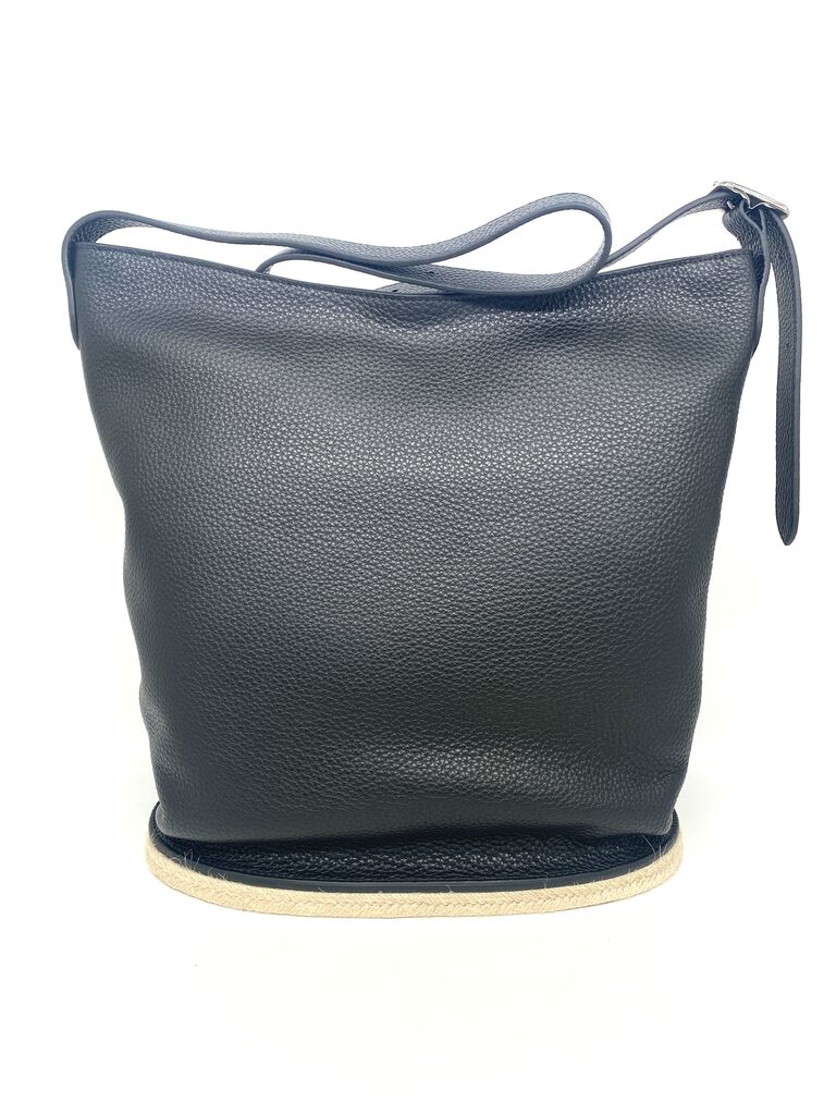 Navy Textured Leather Bucket Bag with Adjustable Strap
