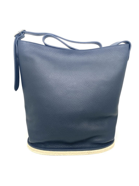 Navy Textured Leather Bucket Bag with Sling Strap