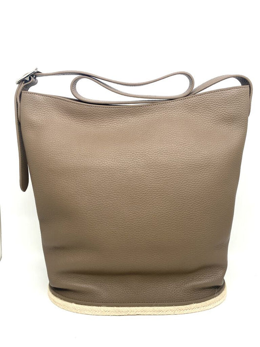 Taupe Textured Leather Bucket Bag with Adjustable Strap