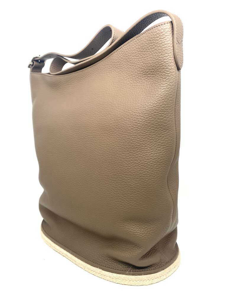 Taupe Textured Leather Bucket Bag with Adjustable Strap
