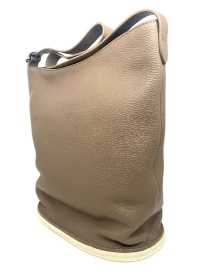 Taupe Textured Leather Bucket Bag with Adjustable Strap
