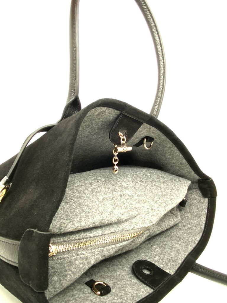 Black Suede Tote Bag with Leather Straps