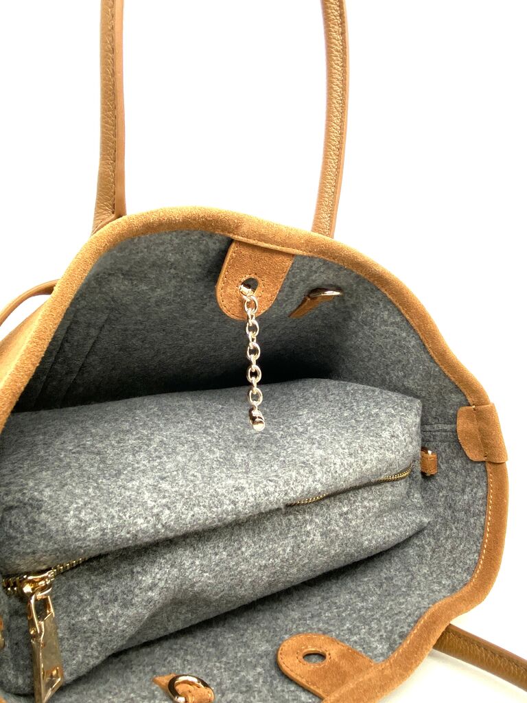 Camel Suede Tote with Leather Accents