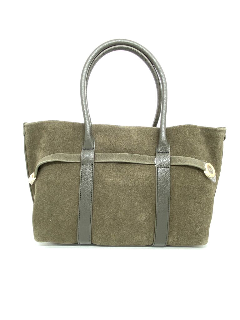 Olive Suede Tote with Leather Trim