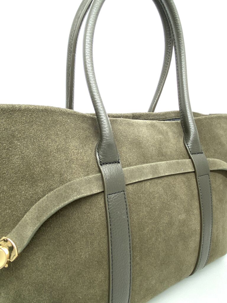 Olive Suede Tote with Leather Trim