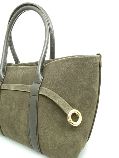 Olive Suede Tote with Leather Trim