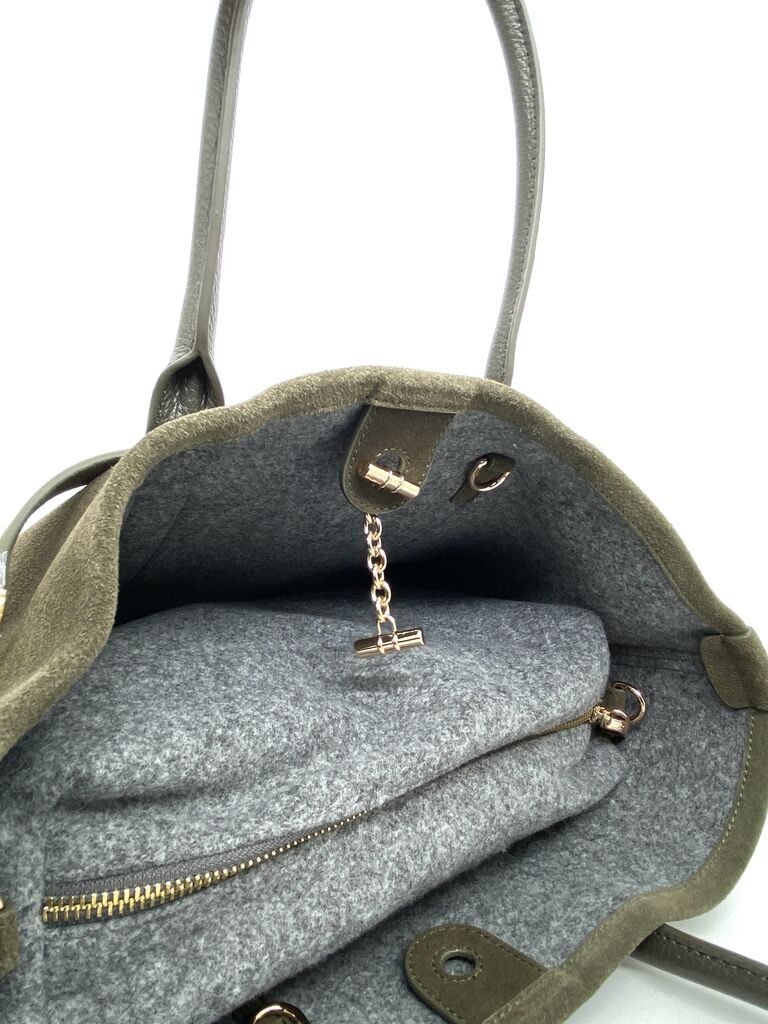 Olive Suede Tote with Leather Trim