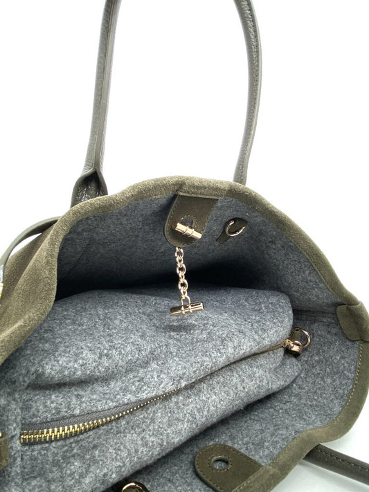 Olive Suede Tote with Leather Trim