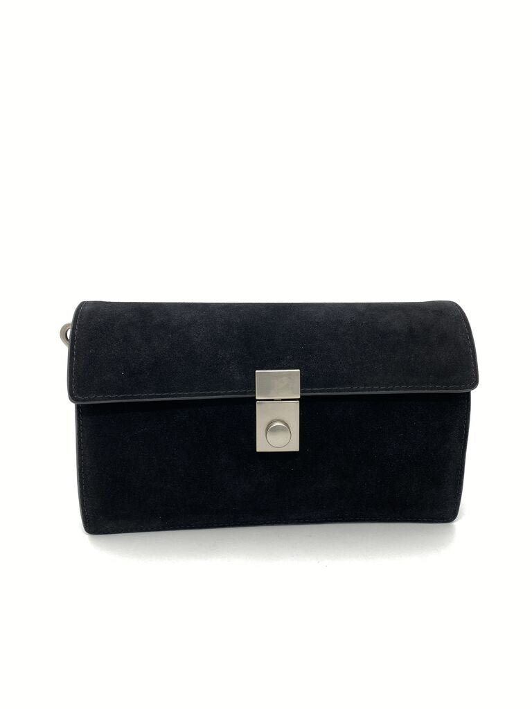 Black Suede Clutch Bag with Metal Closure
