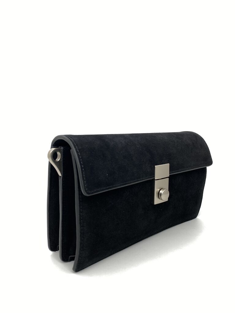 Black Suede Clutch Bag with Metal Closure