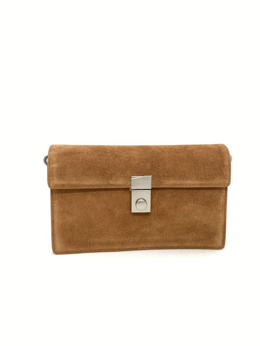 Camel Suede Clutch with Silver-Tone Lock