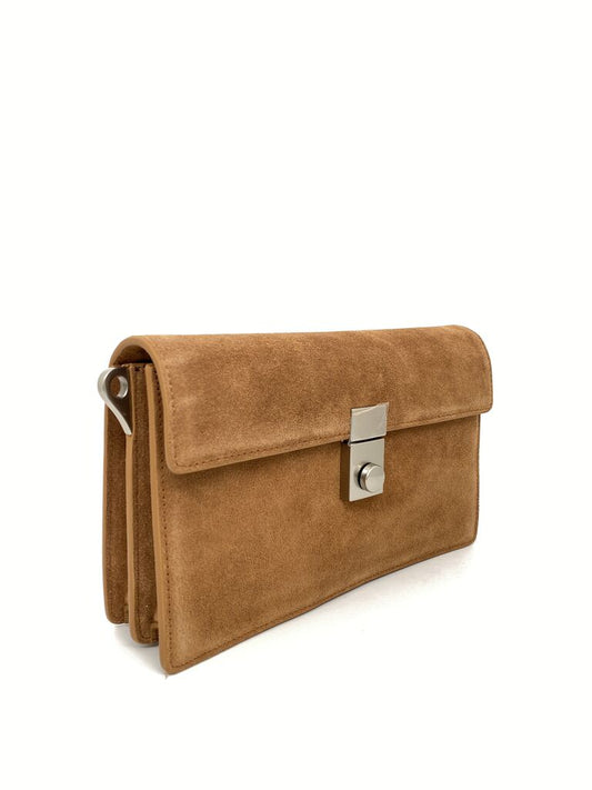 Camel Suede Clutch with Silver-Tone Lock