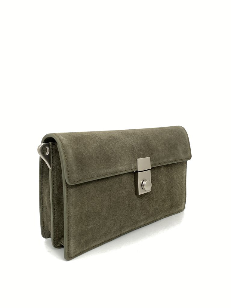 Olive Suede Clutch with Metal Closure