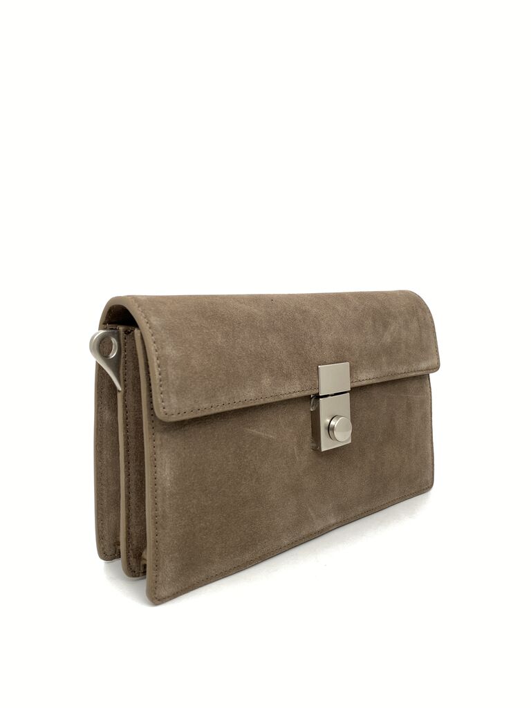 Taupe Suede Clutch with Metal Lock Detail