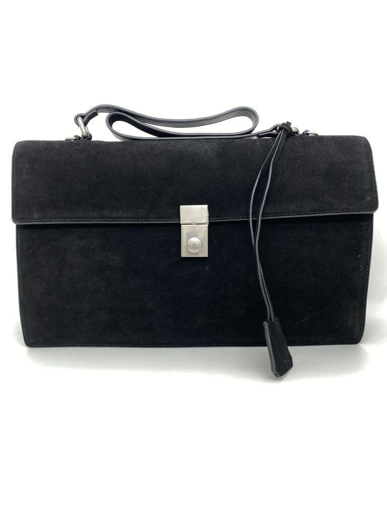 Black Suede Structured Handbag with Metal Closure