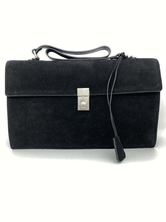 Black Suede Structured Handbag with Metal Closure
