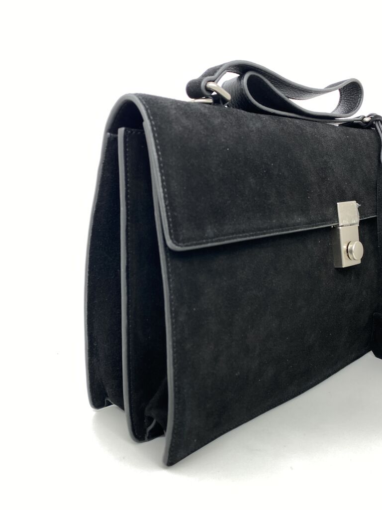 Black Suede Structured Handbag with Metal Closure