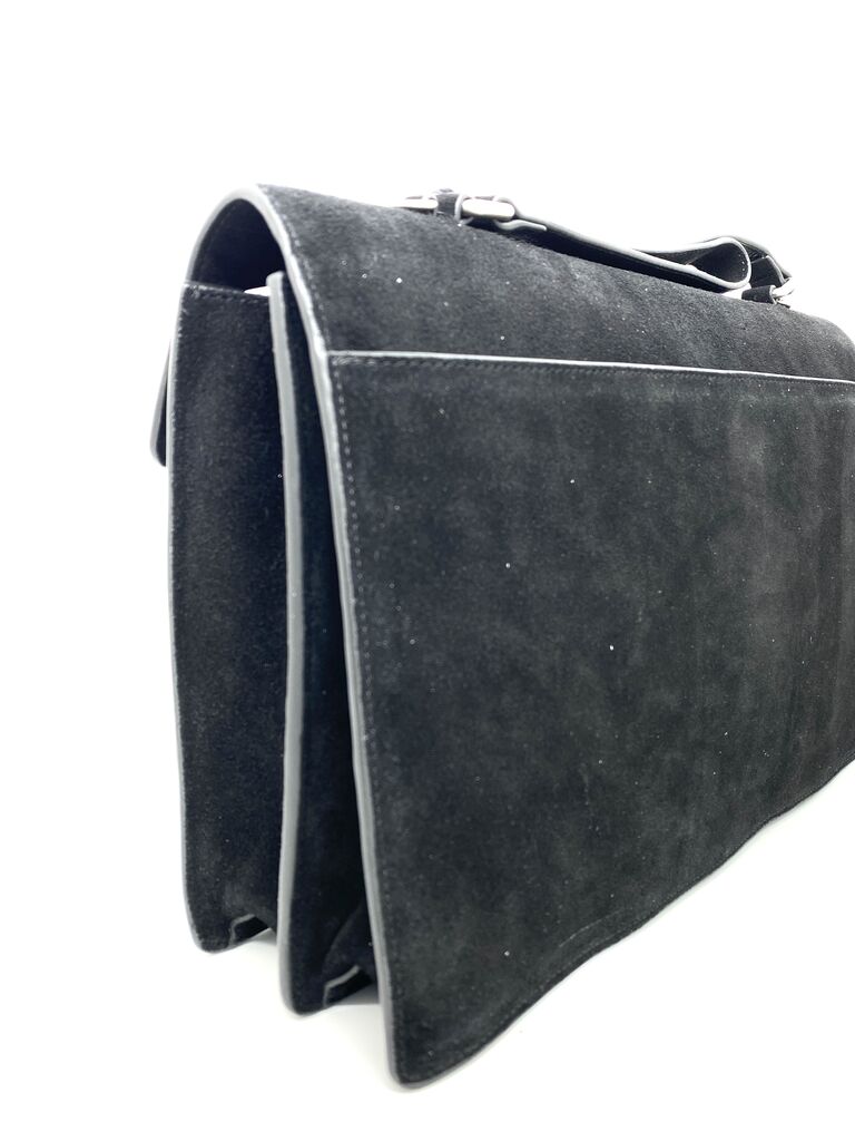 Black Suede Structured Handbag with Metal Closure