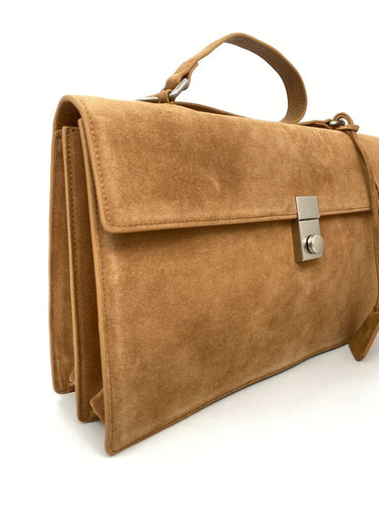 Camel Suede Shoulder Bag with Silver Clasp
