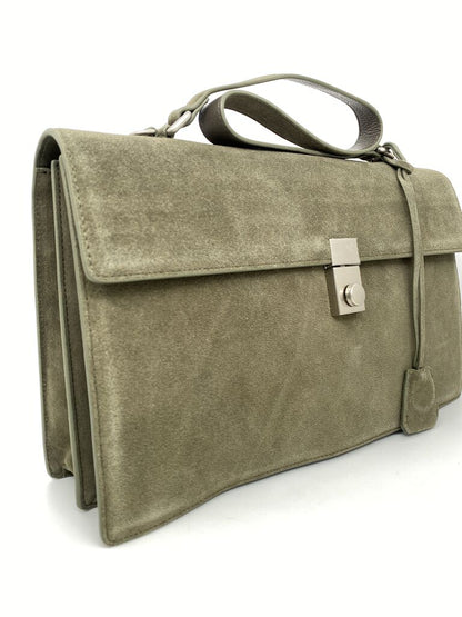 Olive Suede Briefcase with Metal Clasp