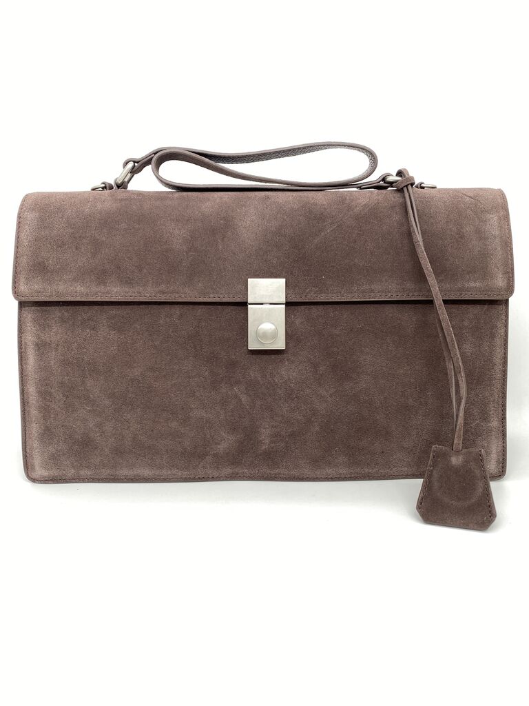 Taupe Suede Briefcase with Silver Clasp