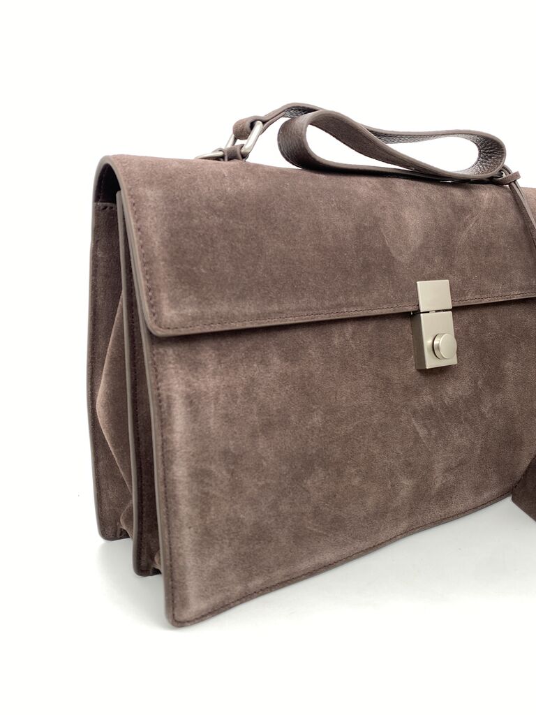 Taupe Suede Briefcase with Silver Clasp