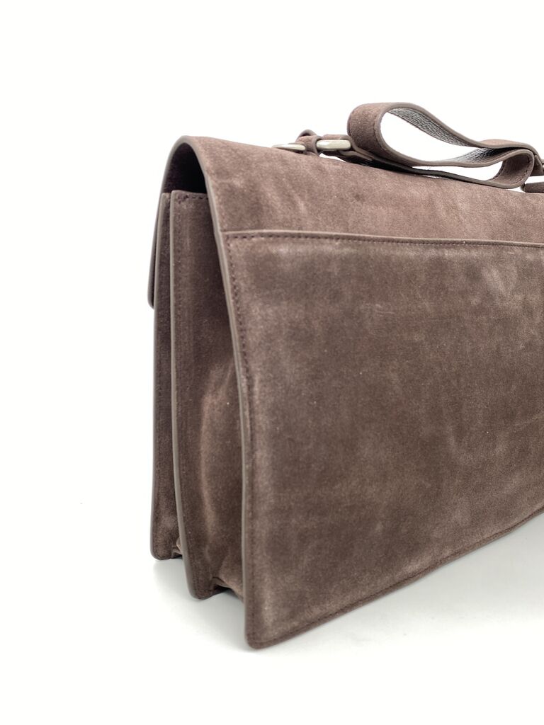 Taupe Suede Briefcase with Silver Clasp
